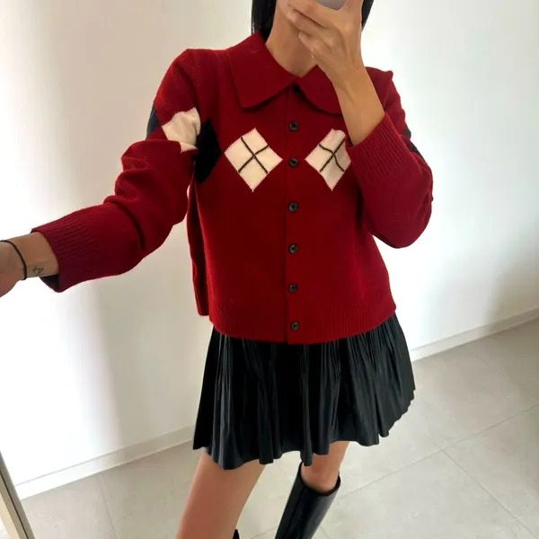 Chic Red Knit Top with Classic Plaid Design