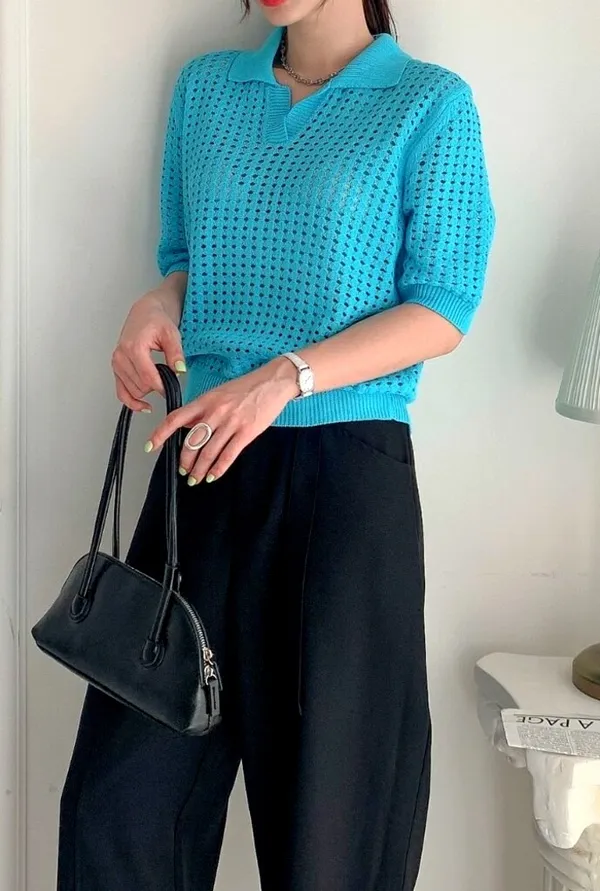 Fresh Blue Knitted Sweater - Comfortable, Breathable, and Fashionable