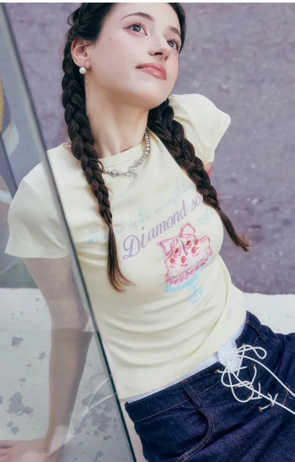 Cute Printed Short Sleeve T-Shirt, Fashionable Casual Style