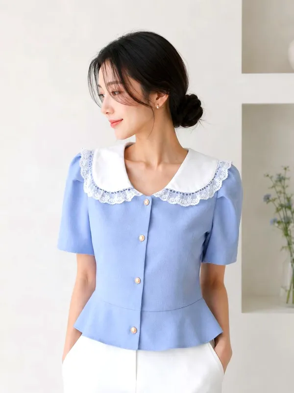 Elegant Lace Collar Short Sleeve Top in Fresh Blue, Fashionable and Versatile