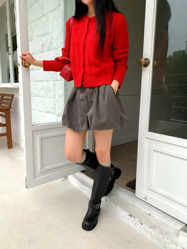 Chic Red Knitted Cardigan with Skirt Ensemble