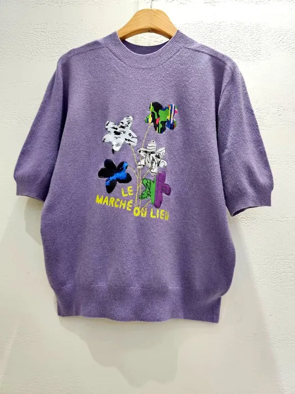 Fashionable Purple Embroidered Short Sleeve Top, Comfortable and Versatile