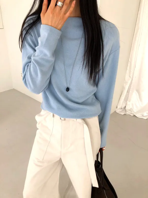 Elegant Blue High Neck Knit Top, Comfortable and Versatile
