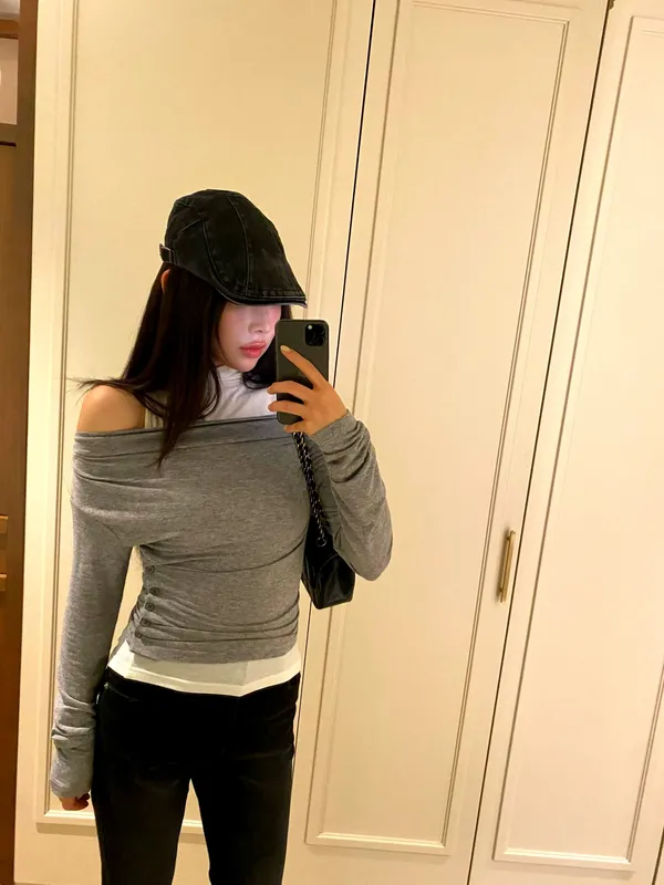Stylish Off-Shoulder Gray Top, Showcasing Elegant Charm