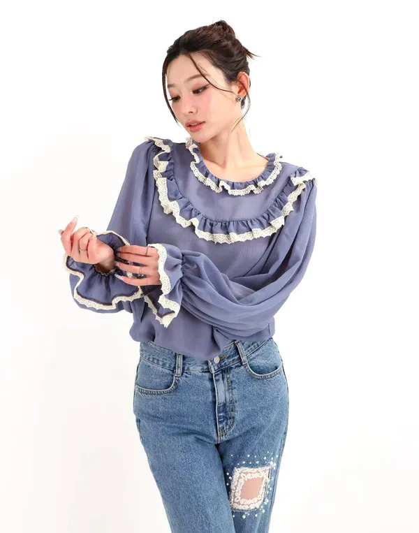 Elegant Lace Trim Shirt, Showcasing Feminine Charm