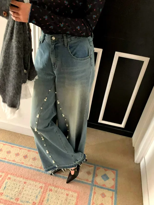 Stylish Denim Jeans with Trendy Loose Fit and Pearl Accents