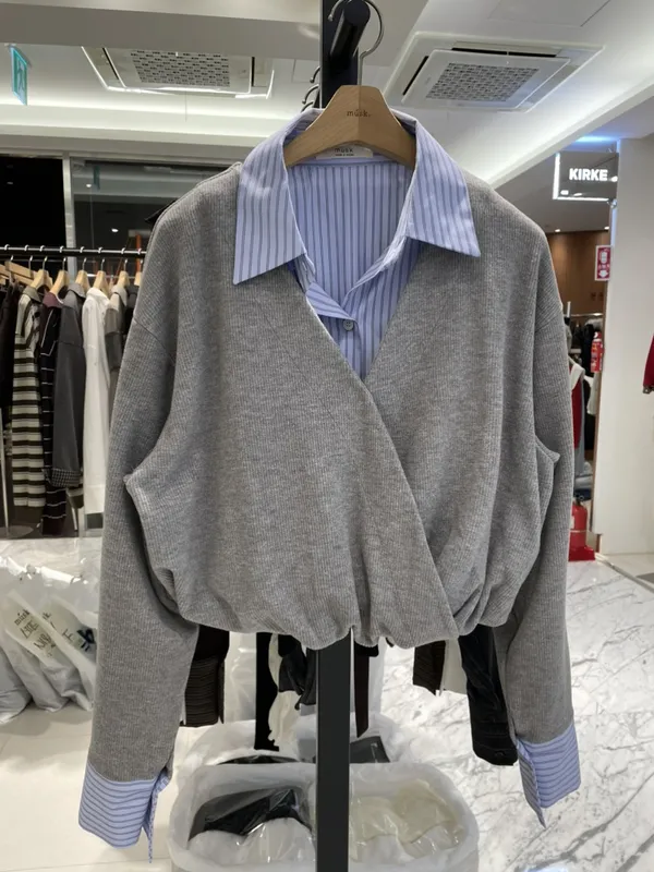 Fashionable Gray Knitted Cardigan with Striped Shirt Collar