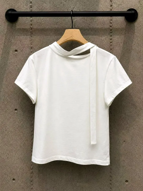 Minimalist White Lace-Up T-Shirt, Fresh and Comfortable