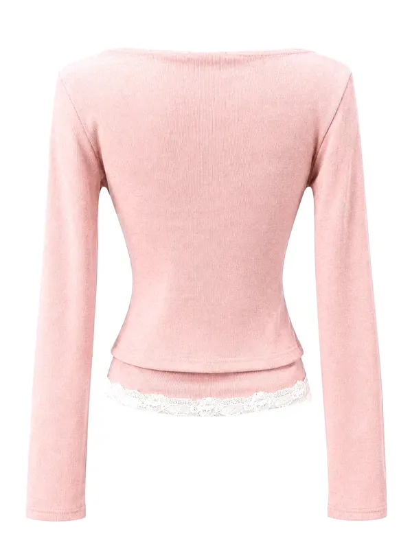 Charming Lace Trim Fitted Long Sleeve Top