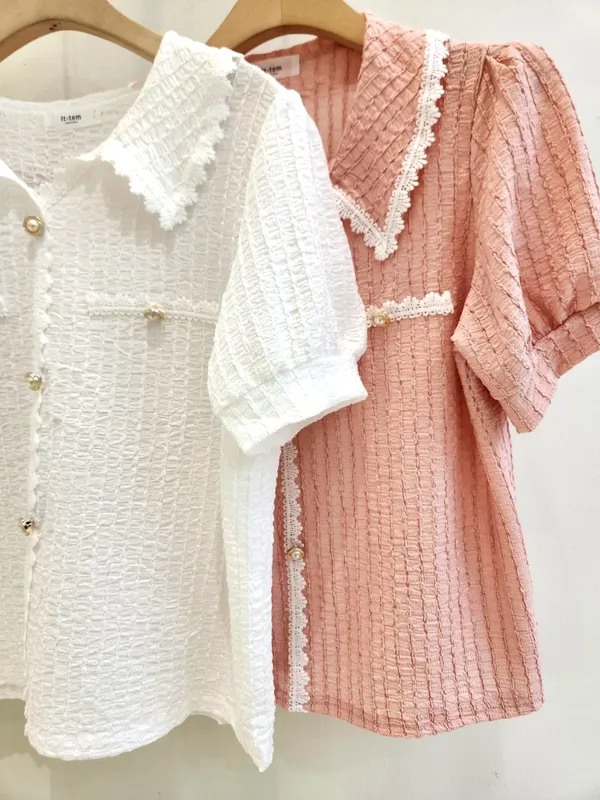 清新夏季女装上衣，蕾丝装饰短袖衬衫