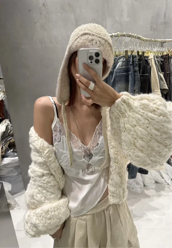 Elegant Lace Camisole Paired with Sweater Jacket