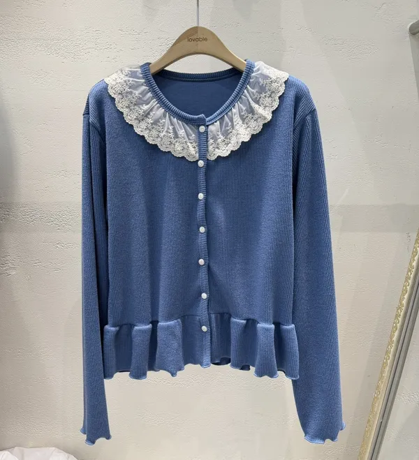 Elegant Lace Collar Blue Cardigan