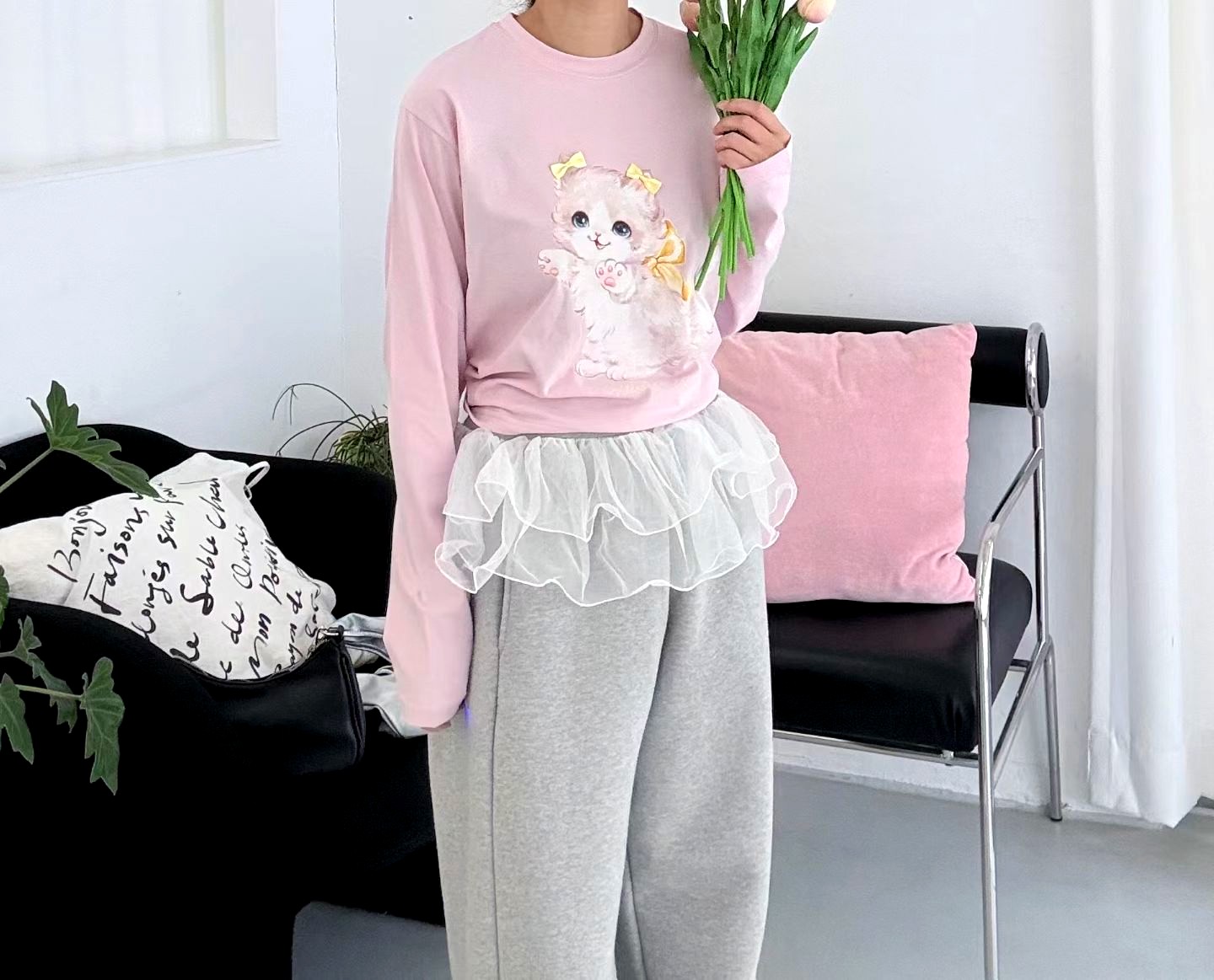 귀여운 고양이 패턴 긴팔 티셔츠, 달콤한 스타일