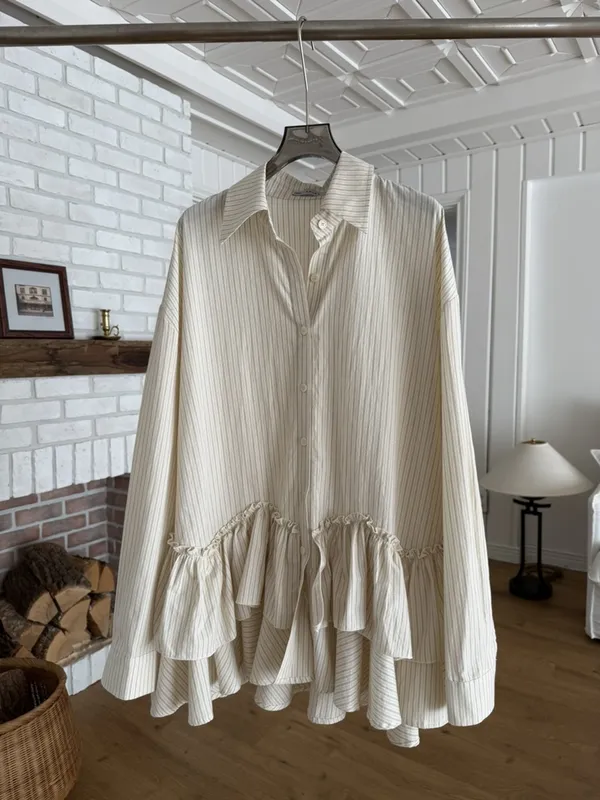 Elegant Striped Shirt with Lace Hem Design