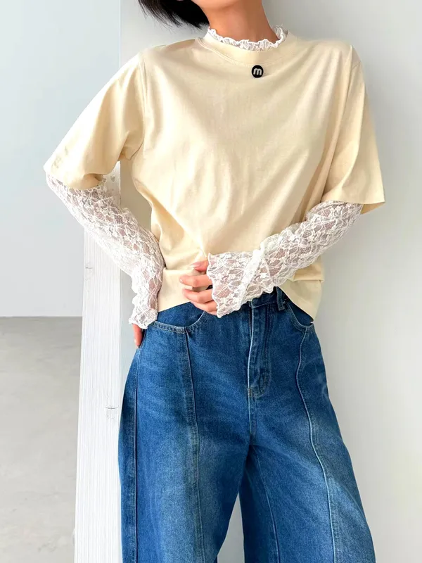 Stylish Lace Cuff Women's T-Shirt, Comfortable and Versatile