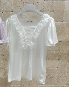 Lace Trim Tie-Front White Short Sleeve Top