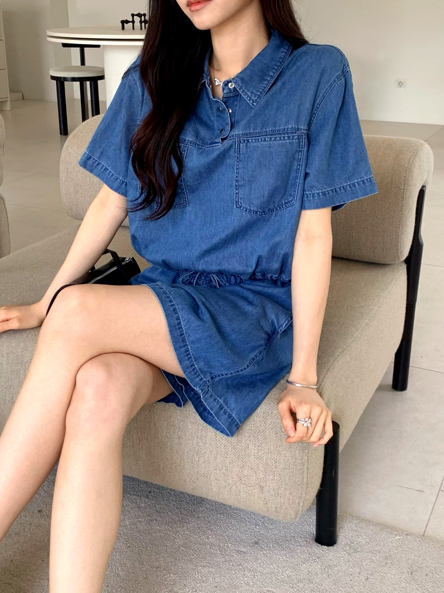 스타일리시한 캐주얼 데님 반팔 탑, 쉽게 매치 가능