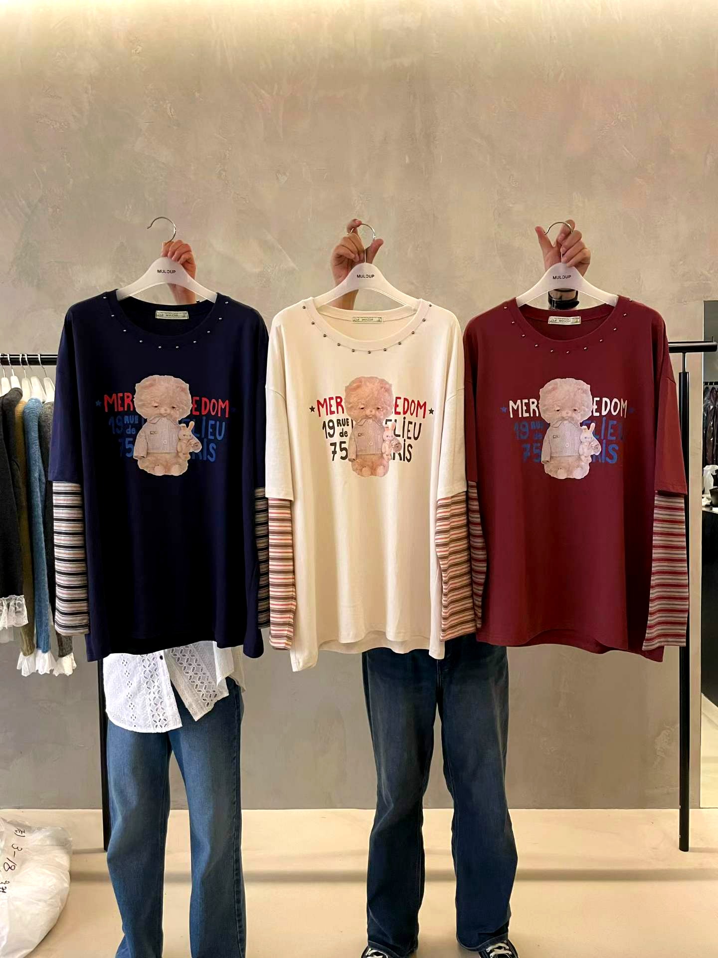귀여운 만화 곰 패턴 여성 상의, 편안한 캐주얼 스타일