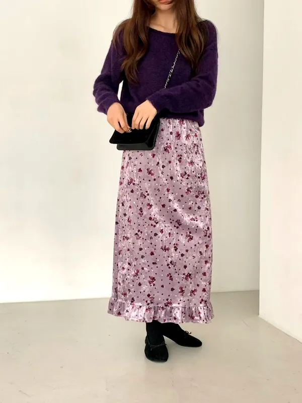 우아한 꽃무늬 프린트 맥시 드레스, 부드러운 벨벳 소재