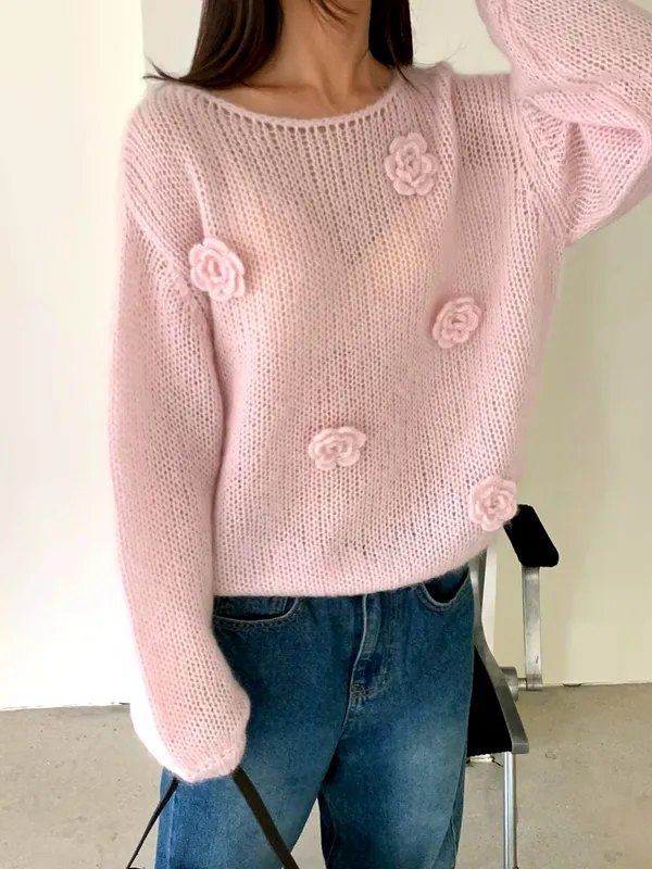Sweet Floral Knit Sweater - Soft and Comfortable for Spring and Autumn