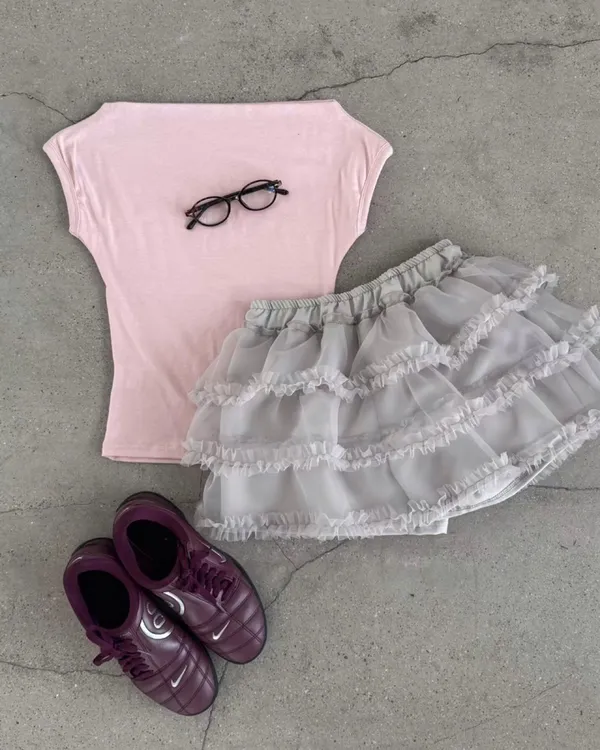 Sweet Puff Skirt with Pink Short Sleeve T-Shirt