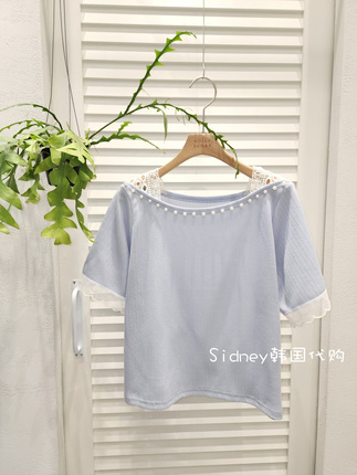 Fresh Blue Lace Trim Short Sleeve Top