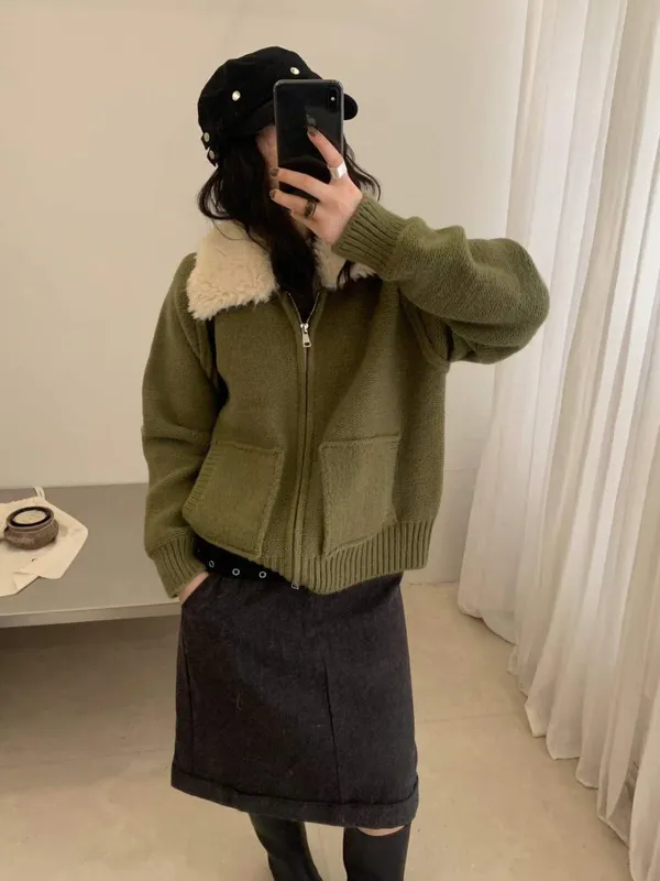 時尚羊羔毛領開衫外套