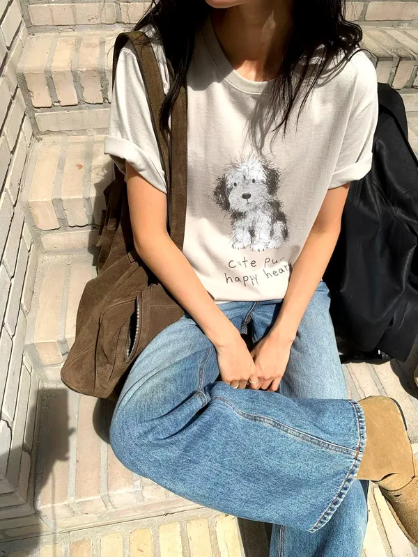 Cute Dog Pattern Short Sleeve T-Shirt, Comfortable and Stylish