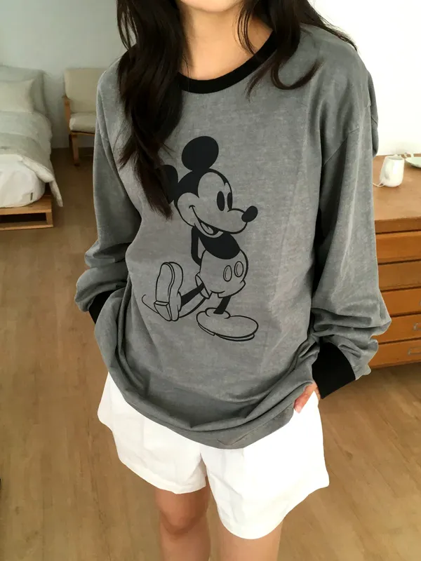 Loose-Fit Long Sleeve T-Shirt with Mickey Pattern