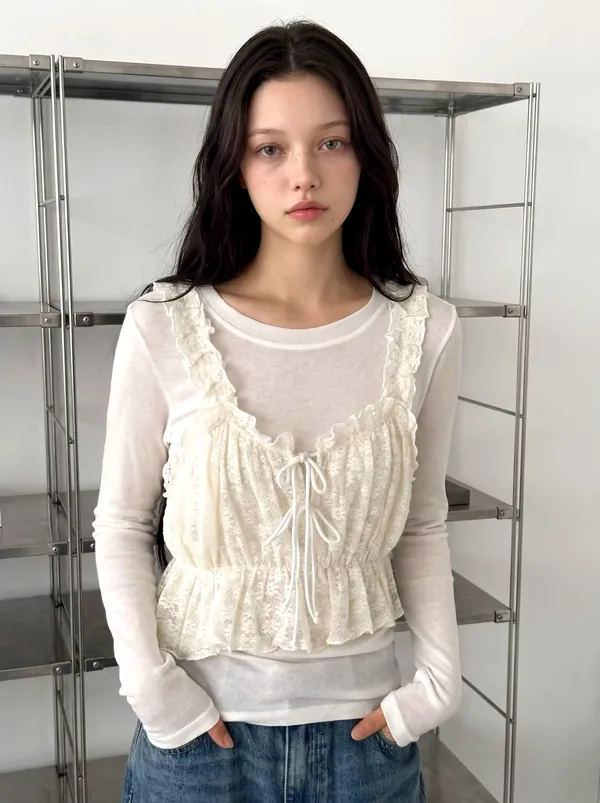 Lace Trim Tie-Up Women's Top - Elegant and Fashionable