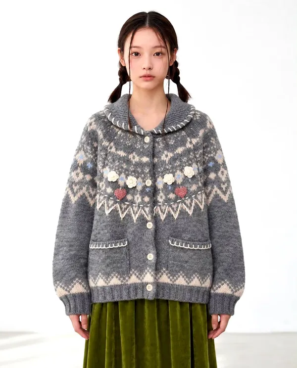溫暖針織開衫，甜美花卉刺繡，時尚百搭