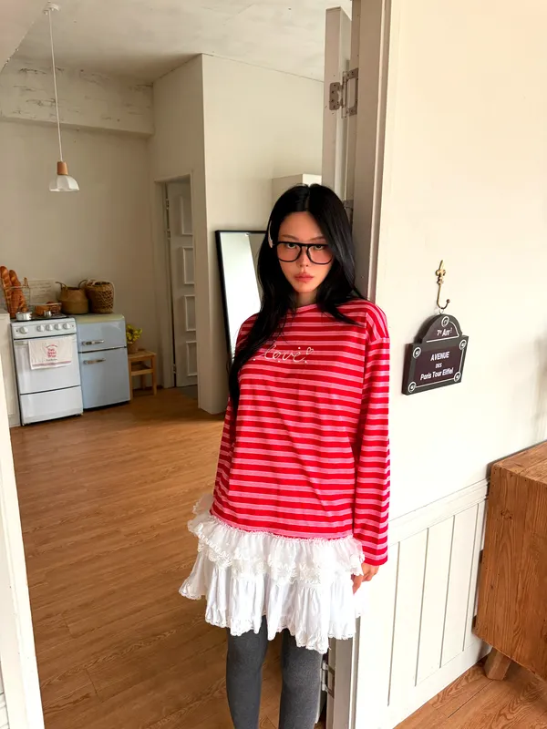 Striped Long Sleeve T-Shirt Paired with Lace Skirt