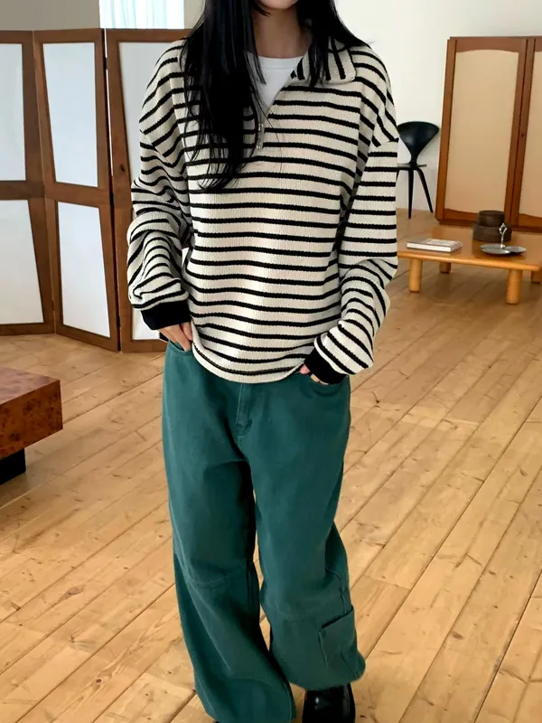 Striped Loose Knit Top - Comfortable Casual Style