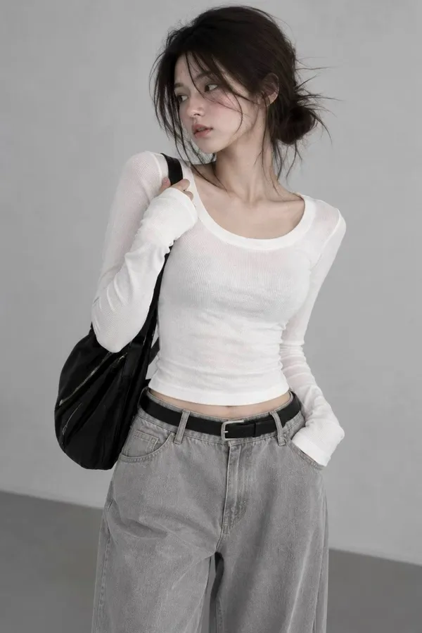 Minimalist Long Sleeve White Top, Comfortable and Breathable
