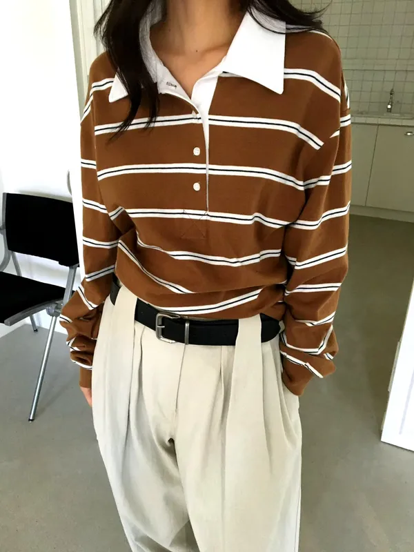Striped Lapel Long Sleeve Top - Comfortable and Versatile