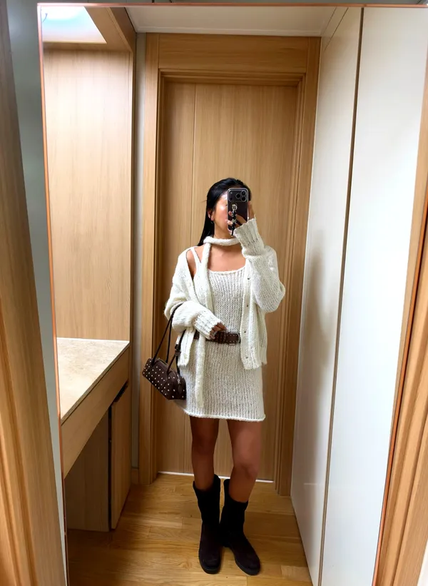 溫暖舒適女裝套裝，針織開衫+連衣裙