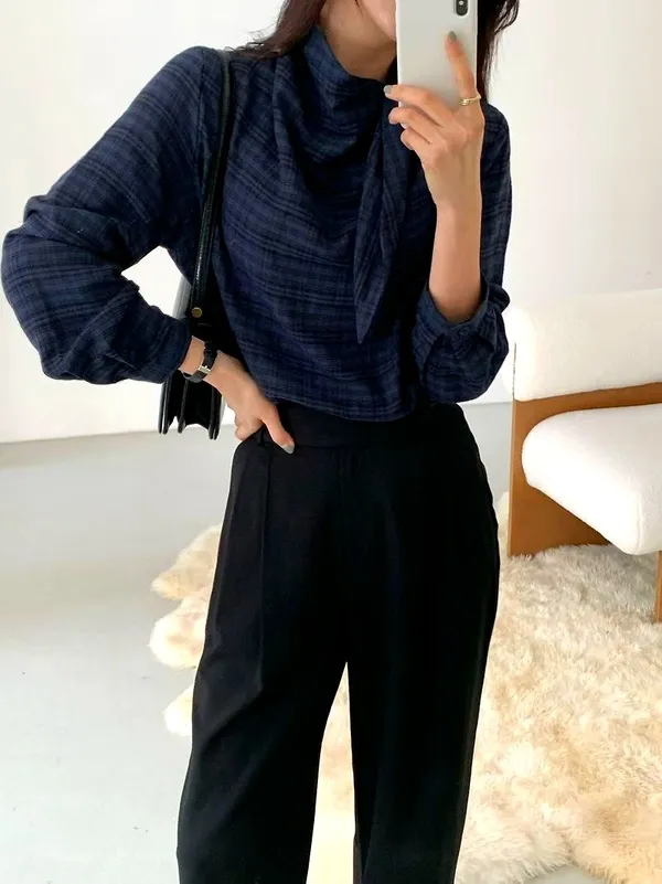 Elegant Women's Top with Classic Plaid Design