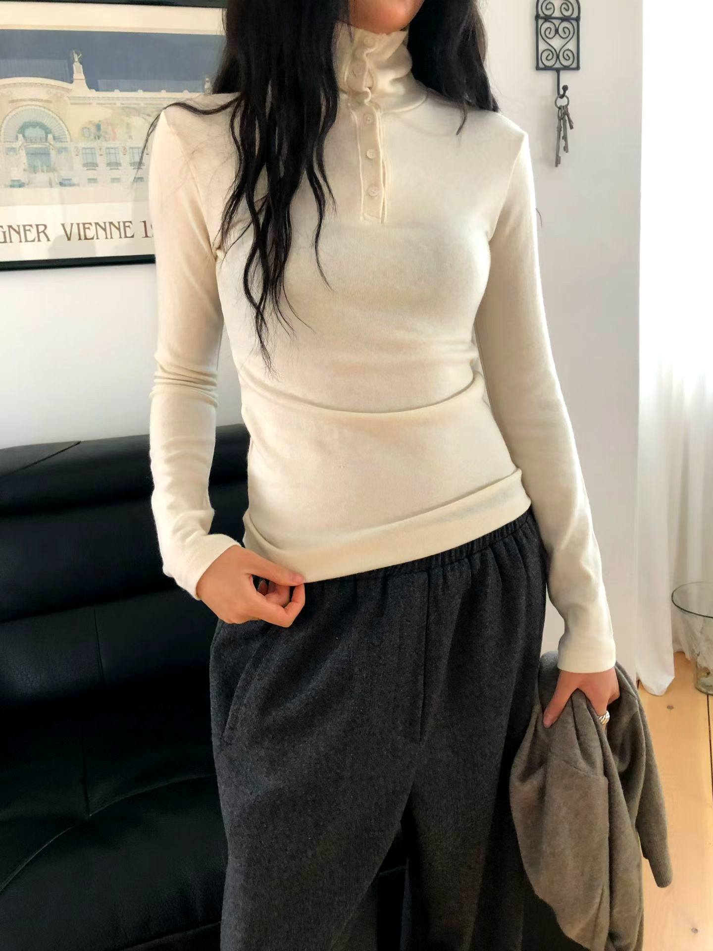 우아한 하이넥 긴팔 티셔츠, 편안하고 다재다능