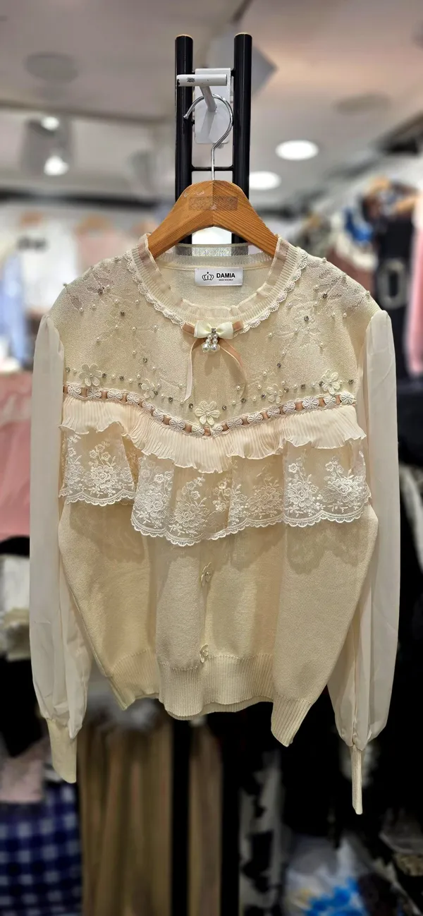 Elegant Lace-Trimmed Knit Sweater, Sweet Style