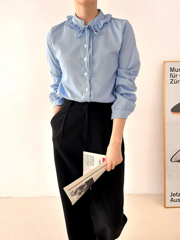 Fresh Blue Shirt with Elegant Lace Collar Design