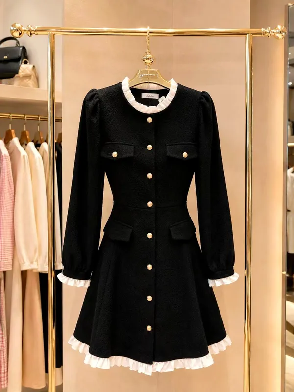 Elegant Women's Dress in Classic Black with Lace Trim Design