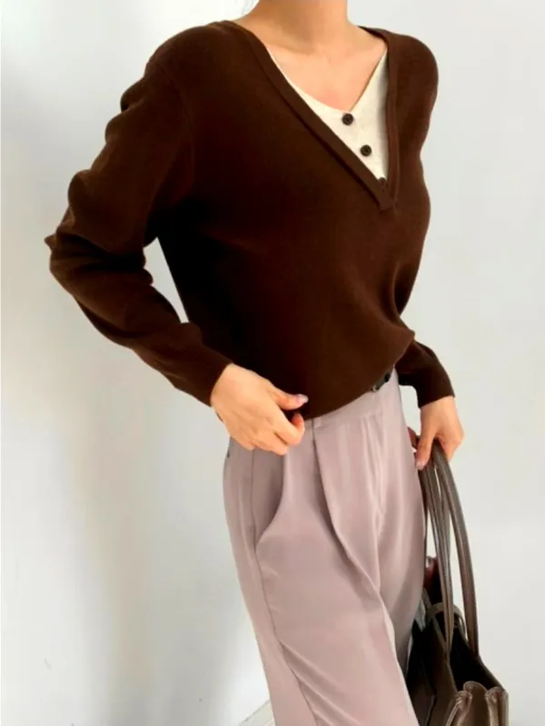 Fashionable Casual V-Neck Knit Top, Comfortable and Versatile