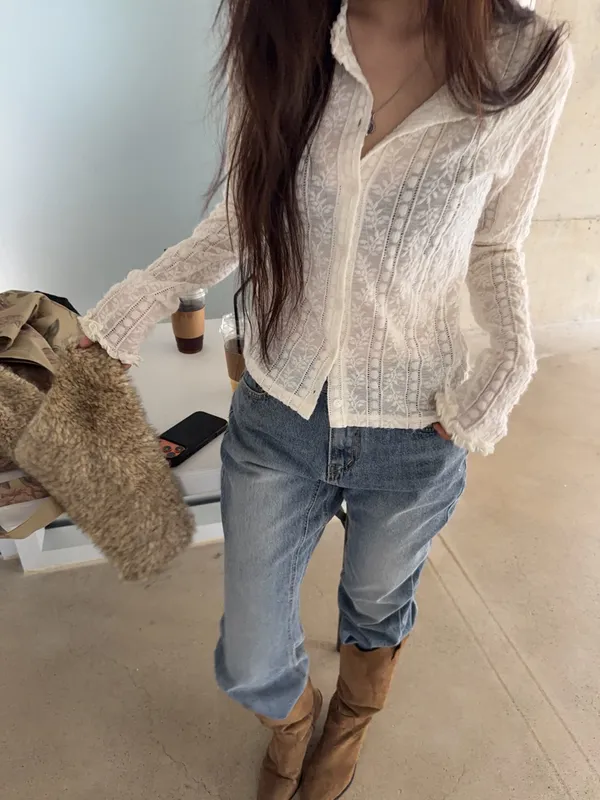 Lace Pattern Long Sleeve Shirt, Elegant Temperament